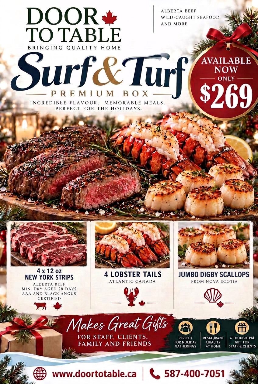 Holiday Surf and Turf Premium Box with Alberta New York strips, lobster tails, and Digby scallops